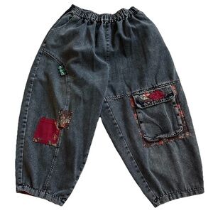 Patchwork Loose Baggy Cargo Harem Barrel Leg Denim Short Pants-XL Y2K Streetwear